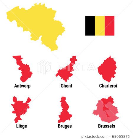 Belgium map infographic with Belgian cities Brussels Bruxelles, Liege Luik, Gent Ghent, Brugge Bruges, Charleroi, Antwerp Antwerpen with national flag yellow red Belgium map infographic with Belgian cities Brussels Bruxelles, Liege Luik, Gent Ghent, Brugge Bruges, Charleroi, Antwerp Antwerpen with national flag yellow red 65065875