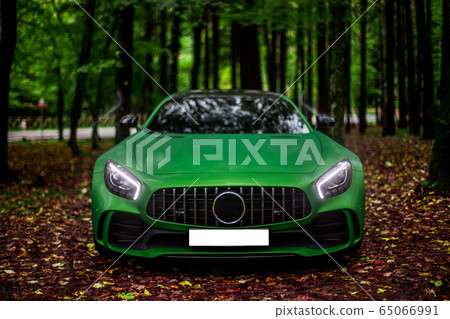 Green sport car in the dark forest, parking on the autumn leaves 65066991