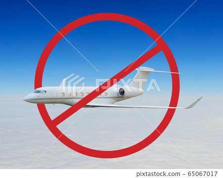 Airplane in sky in red round ban sign 65067017