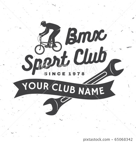 Bmx extreme sport club badge. Vector. Concept for shirt, logo, print, stamp, tee with man ride on a sport bicycle. Vintage typography design with bmx cyclist and wrench silhouette. 65068342