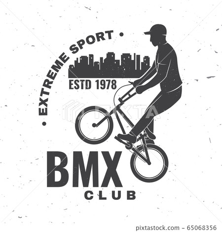 Bmx extreme sport club badge. Vector. Concept for shirt, logo, print, stamp, tee with man ride on a sport bicycle. Vintage typography design with bmx cyclist and night city silhouette. 65068356