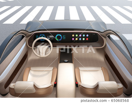 Image of digital dashboard of electric sports car. Various information is displayed on the horizontal large screen. 65068568
