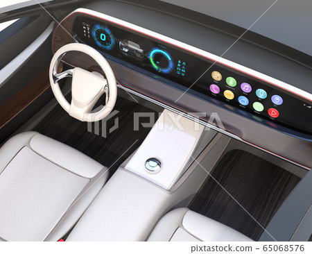Image of digital dashboard of electric sports car. Various information is displayed on the horizontal large screen. 65068576