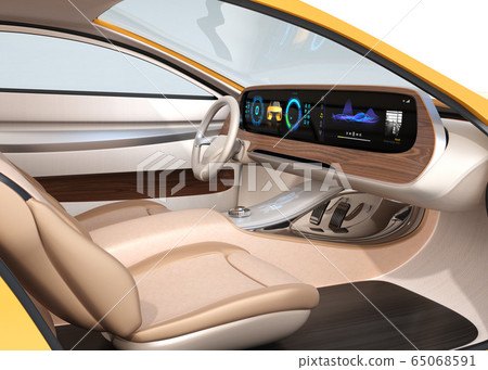 Image of digital dashboard of electric sports car. Various information is displayed on the horizontal large screen. 65068591