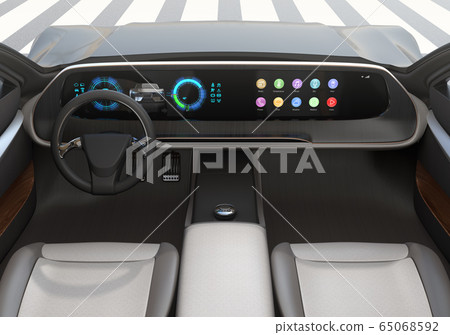 Image of digital dashboard of electric sports car. Various information is displayed on the horizontal large screen. Image of digital dashboard of electric sports car. Various information is displayed on the horizontal large screen. 65068592