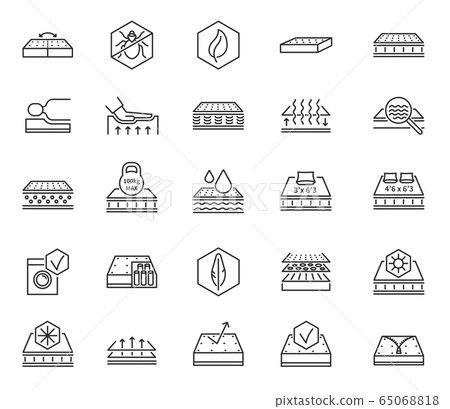Mattress icons. Soft latex foam memory symbols. Line mattresses, natural organic and orthopedic bedding. Washable breathable bed vector set 65068818