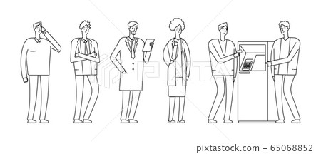 People queue to ATM. Bank consultant helps man. Isolated flat woman guys in waiting line vector illustration