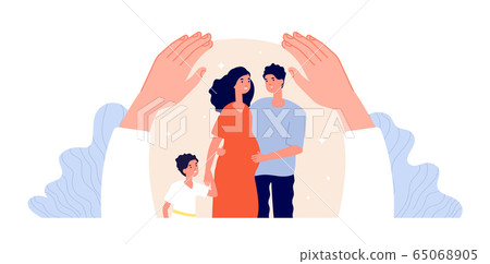 Family protection. Children adult support, patient protected. Hand hug people. Pregnant woman, father and mother. Parenthood vector concept 65068905