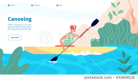 Canoeing and kayaking. Water sport website template. Man in kayak in blue lake. Extreme activity, fun outdoor recreation vector landing page Canoeing and kayaking. Water sport website template. Man in kayak in blue lake. Extreme activity, fun outdoor recreation vector landing page 65069026