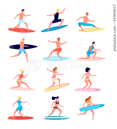 Surfers. Funny people, female surfer standing on surfboard. Happy guy in beachwear. Active surfing boy and girl, beach lifestyle vector set 65069027