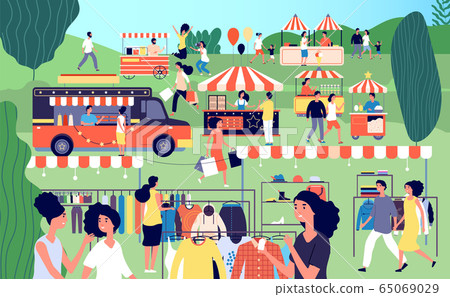 Summer fair. Festive food, street season flea market. Garage sale in park. Family festival event, marketplace and tents vector illustration Summer fair. Festive food, street season flea market. Garage sale in park. Family festival event, marketplace and tents vector illustration 65069029