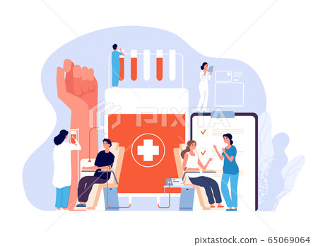 Blood donation. Volunteers with nurses Donating Blood in hospital. World blood donor day Vector concept Blood donation. Volunteers with nurses Donating Blood in hospital. World blood donor day Vector concept 65069064