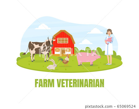 Girl Farmer Standing on Background of Summer Rural Landscape, Agriculture and Farming, Red Barn and Livestock Vector illustration 65069524