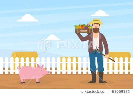 Male Farmer Holds Box of Vegetables, Autumn Rural Landscape Vector Illustration 65069525