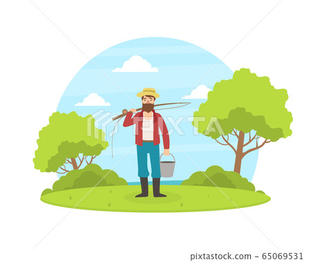 Fisherman Standing with Bucket and Fishing Rod on Background of Summer Rural Landscape Vector Illustration 65069531