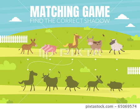 Find the Correct Shadow, Educational Matching Game for Kids with Cute Farm Animals Vector illustration 65069574