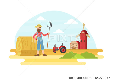 Cheerful Male Farmer with Pitchfork at Summer Rural Landscape, Agricultural Worker Working at Farm Vector illustration Cheerful Male Farmer with Pitchfork at Summer Rural Landscape, Agricultural Worker Working at Farm Vector illustration 65070057