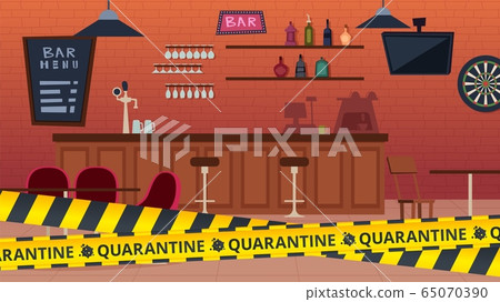 Quarantine bar closed. Global epidemic and isolation period, yellow caution stripes. Cafe interior vector illustration 65070390