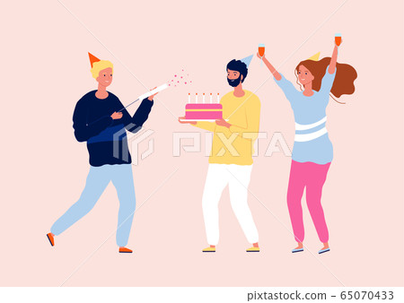 Happy friends celebrating party. Birthday cake, wine and confetti. Friendship, smiling woman and men vector characters Happy friends celebrating party. Birthday cake, wine and confetti. Friendship, smiling woman and men vector characters 65070433