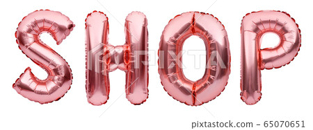 Pink golden words SHOP made of inflatable balloons Pink golden words SHOP made of inflatable balloons 65070651