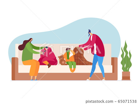 Flu season at family, cold disease care, vector illustration. Woman and chikd character with fever, influenza healthcare at home. Flu season at family, cold disease care, vector illustration. Woman and chikd character with fever, influenza healthcare at home. 65071538