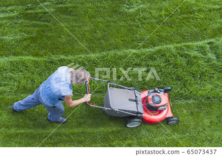 lawn mower is cutting green grass cut, the gardener with a lawn mower is working in the backyard, top view 65073437