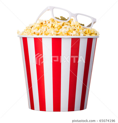 Paper striped bucket with popcorn and 3D glasses Paper striped bucket with popcorn and 3D glasses 65074196