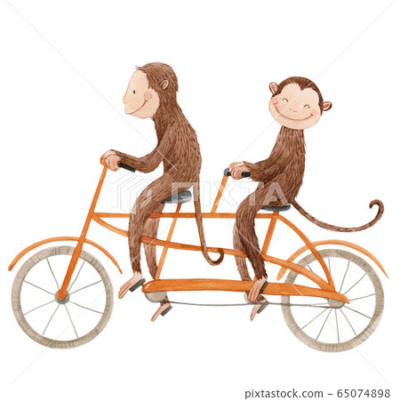 Beautiful stock illustration with cute watercolor baby monkey on bike. Animal with bicycle hand drawn painting. 65074898