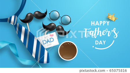 Happy Father's Day poster or banner for Shopping, Speciail event and advertisement. Top view of 3D realistic tie, mustache, circle glasses and elements. Vector illustration. Happy Father's Day poster or banner for Shopping, Speciail event and advertisement. Top view of 3D realistic tie, mustache, circle glasses and elements. Vector illustration. 65075816