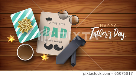 Happy Father's Day poster or banner for Shopping, Speciail event and advertisement. Top view of 3D realistic tie, mustache, circle glasses and elements. Vector illustration. 65075817