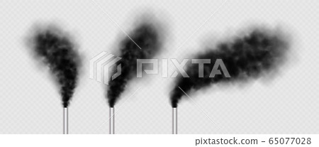 Chimneys with black smoke, industrial factory pipes collection. Urban power plant flues with steams. 65077028
