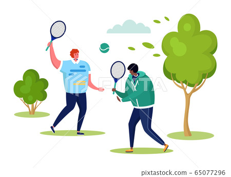 Active sports people vector illustration, cartoon flat man characters playing tennis together in summer outdoor city park isolated on white Active sports people vector illustration, cartoon flat man characters playing tennis together in summer outdoor city park isolated on white 65077296