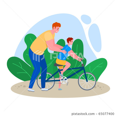 Father time with son vector illustration, cartoon flat dad character teaching kid boy to ride bicycle, happy parenthood isolated on white 65077400