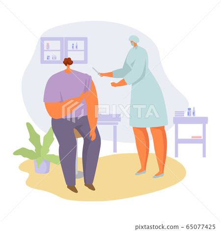 Patient on doctor appointment vector illustration, cartoon flat nurse woman in mask making to man medical injection isolated on white Patient on doctor appointment vector illustration, cartoon flat nurse woman in mask making to man medical injection isolated on white 65077425