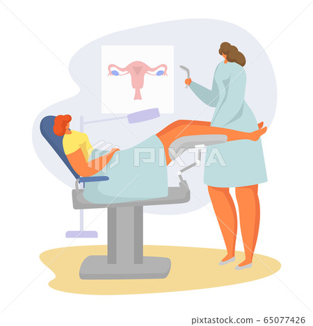 Patient on doctor appointment vector illustration, cartoon flat gynecologist examining woman in obstetrician cabinet isolated on white 65077426