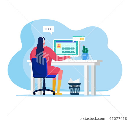People with gadgets vector illustration, cartoon flat woman character sitting at table, reading email on screen desktop isolated on white People with gadgets vector illustration, cartoon flat woman character sitting at table, reading email on screen desktop isolated on white 65077458