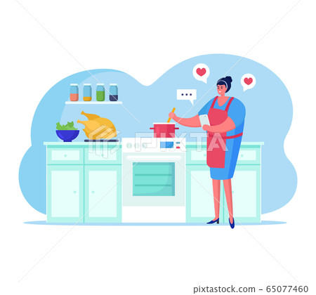 People with gadgets vector illustration, cartoon flat woman character cooking food, using smartphone app for communication isolated on white 65077460