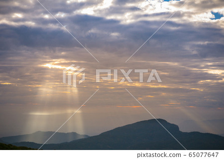 Landscape with foggy hills & trees in winter at sunrise. Misty morning golden sunrise, vintage film style. View of Morning Mist at Doi Angkhang Mountain, Chiang Mai, Thailand.Golden sunlight, sun rays Landscape with foggy hills & trees in winter at sunrise. Misty morning golden sunrise, vintage film style. View of Morning Mist at Doi Angkhang Mountain, Chiang Mai, Thailand.Golden sunlight, sun rays 65077647