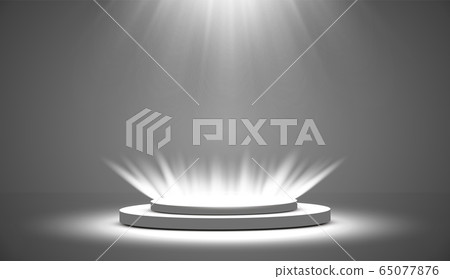 Round podium, pedestal or platform illuminated by spotlights on white background. Platform for design. Realistic 3D empty podium. Stage with scenic lights Round podium, pedestal or platform illuminated by spotlights on white background. Platform for design. Realistic 3D empty podium. Stage with scenic lights 65077876