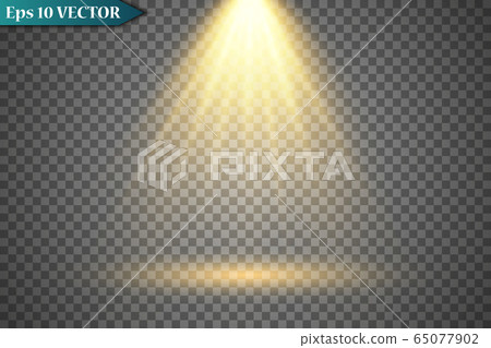 Round golden podium, pedestal or platform illuminated by spotlights on white background. Platform for design. Realistic 3D empty podium. Stage with scenic lights 65077902