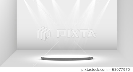 Round golden podium, pedestal or platform illuminated by spotlights on white background. Platform for design. Realistic 3D empty podium. Stage with scenic lights 65077970