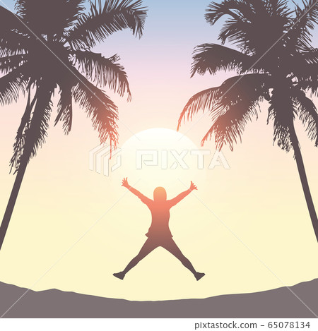 happy girl jumps on tropical palm tree summer holiday background happy girl jumps on tropical palm tree summer holiday background 65078134