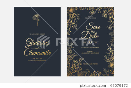 Vector invitation with gold floral elements. Vector invitation with gold floral elements. 65079172