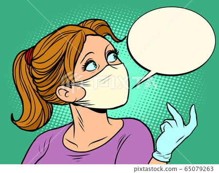 Beautiful girl in medical mask looks sideways 65079263