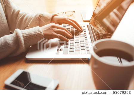 Young woman working in home on her laptop computer. Young woman working in home on her laptop computer. 65079298