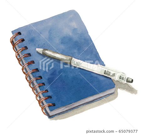Notepad and ballpoint pen painted by watercolor Notepad and ballpoint pen painted by watercolor 65079377