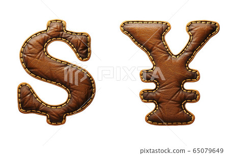 Set of symbols dollar and yen made of leather. 3D render font with skin texture isolated on white background. Set of symbols dollar and yen made of leather. 3D render font with skin texture isolated on white background. 65079649