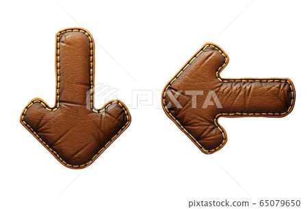 Set of symbols arrow to down and left arrow made of leather. 3D render font with skin texture isolated on white background. 65079650