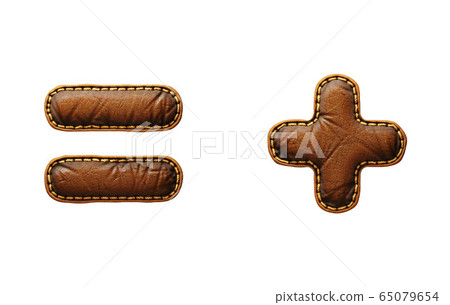 Set of symbols equals and plus made of leather. 3D render font with skin texture isolated on white background. Set of symbols equals and plus made of leather. 3D render font with skin texture isolated on white background. 65079654