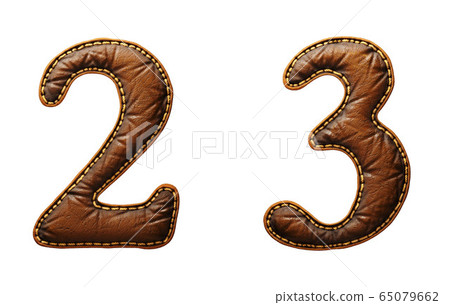 Set of numbers 2, 3 made of leather. 3D render font with skin texture isolated on white background. 65079662